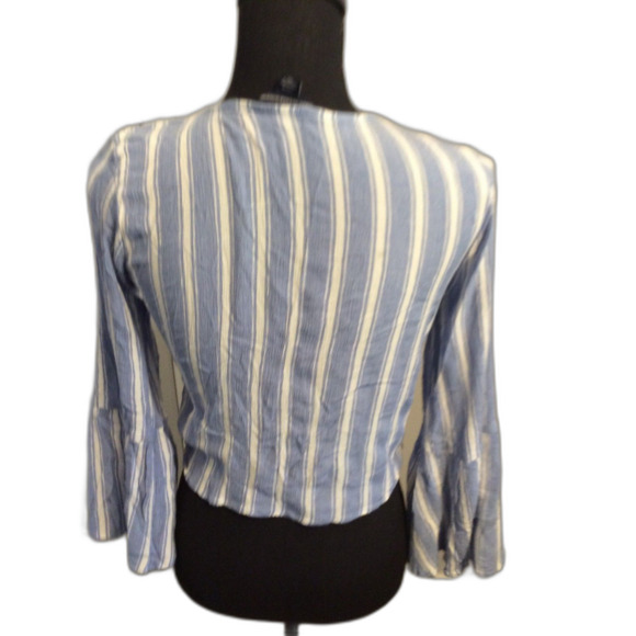 American Eagle Small Boho Long Partial Bell Sleeve Tie Front Striped Top - Picture 3 of 3